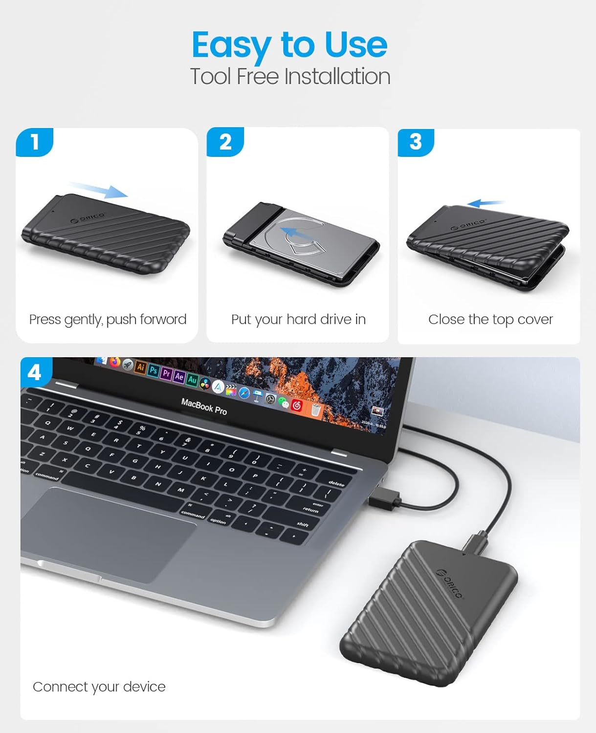 ORICO Caja de disco duro de 2.5 pulgadas USB 3.0 a SATA 5Gbps para 0.276-0.374 in SSD HDD Caja de disco duro externo compatible con UASP Trim Tool