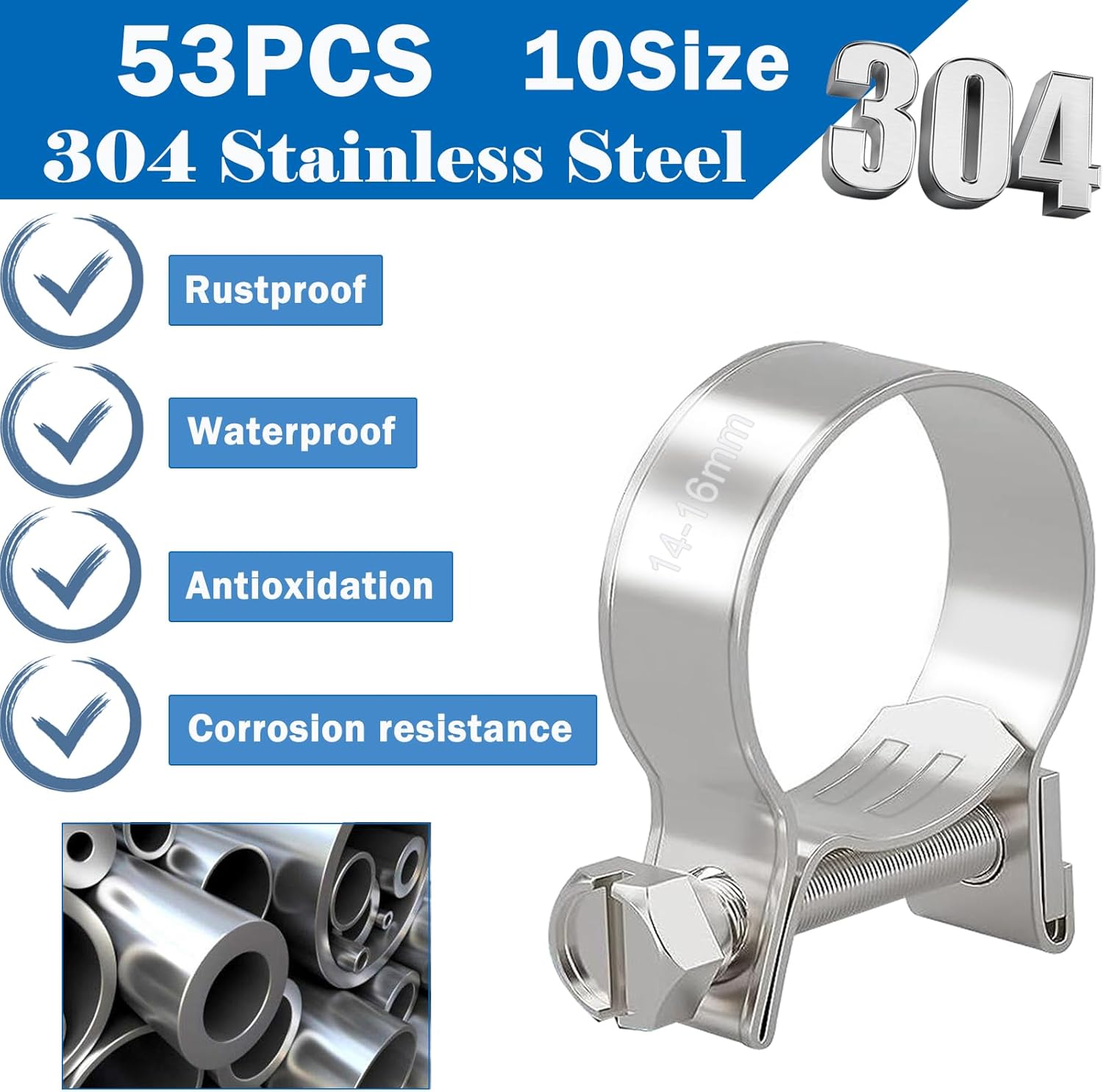 Tnisesm 30 abrazaderas de manguera de inyección de combustible de 916″-58″ y 12″-916″ ajustables de acero inoxidable 304, kit surtido de abrazaderas