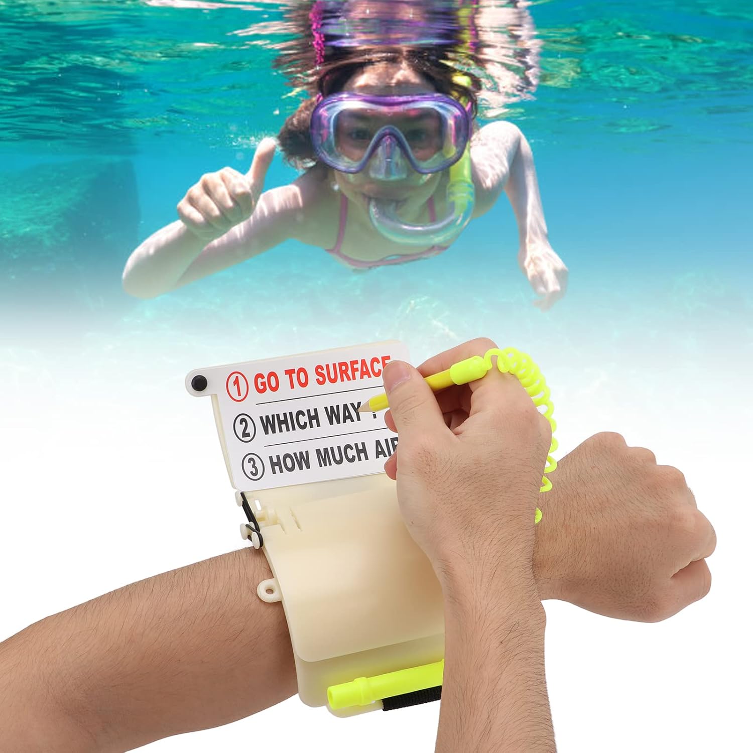 Pizarra de escritura de buceo, escritura de muñeca, lápiz de pizarra de buceo, correa de buceo, tablero de escritura de muñeca, herramientas de