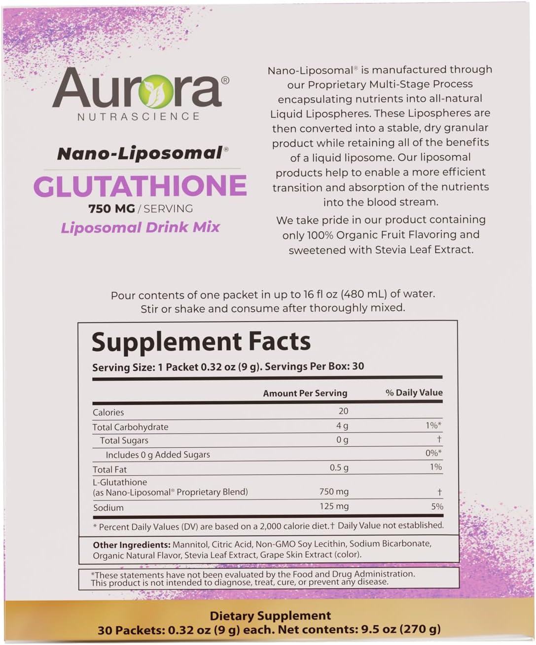 Aurora Nutrascience, glutatión nano-liposomal, mezcla de bebidas, 750 mg por porción, paquetes individuales