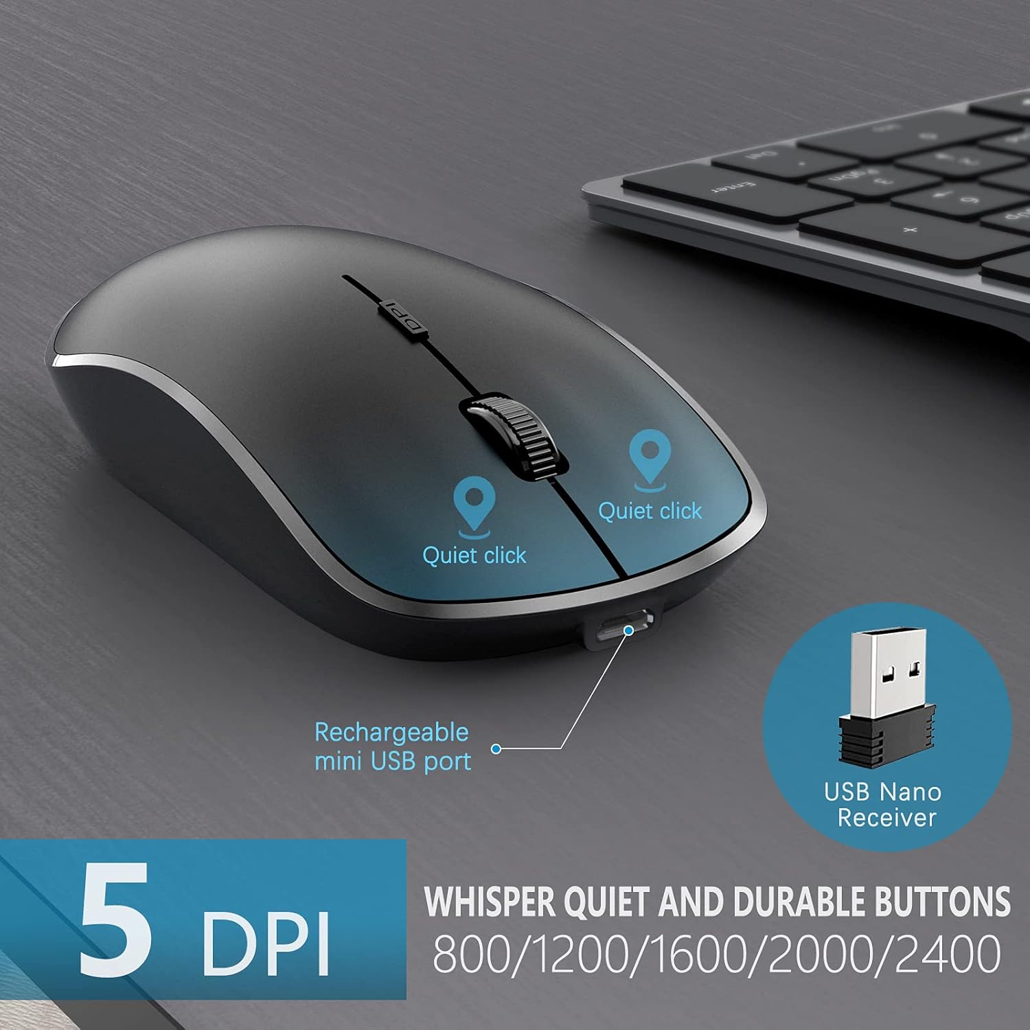 J JOYACCESS – Teclado inalámbrico recargable de tamaño completo de 2.4 G con batería de larga duración, diseño ergonómico y compacto para laptop,