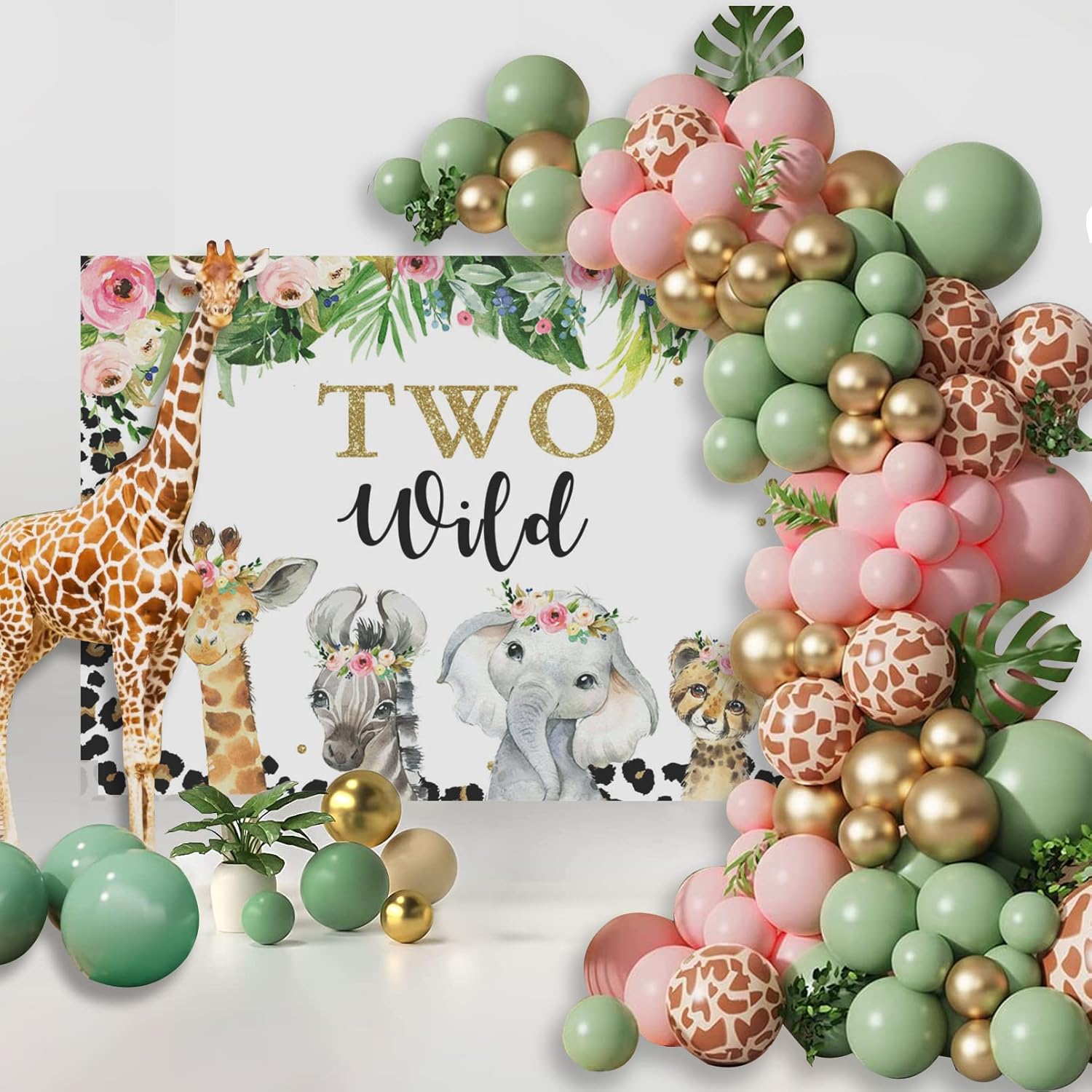Mocsicka Fondo de dos salvajes para niñas, safari en la selva, animales de 2 cumpleaños, decoración de fiesta de cumpleaños floral, fondo de fotos