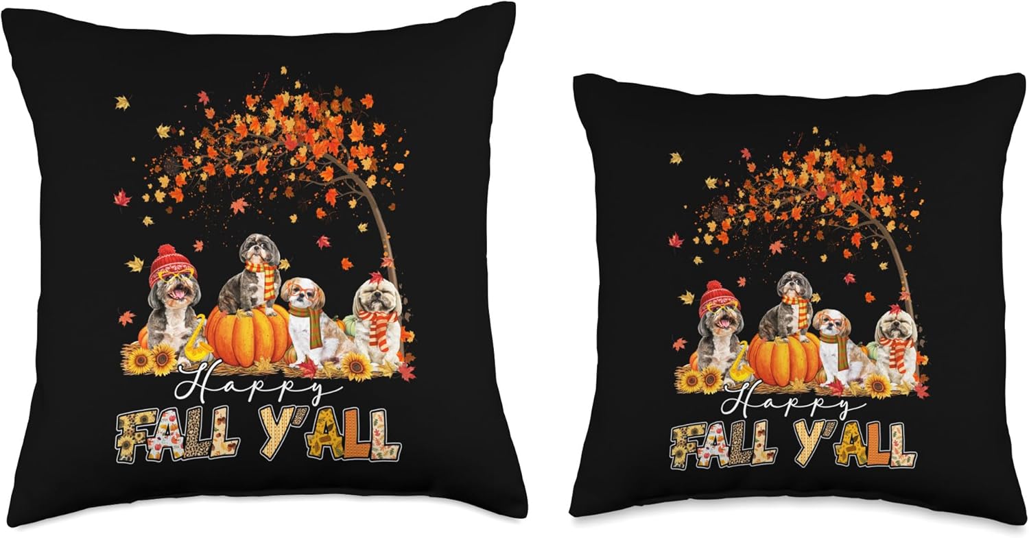 Shih Tzu Dog Happy Fall Y’all Autumn Gift Dog Tee Shih Tzu Dog – Cojín de Acción de Gracias, diseño de calabaza, camión, otoño, 18 x 18 pulgadas,