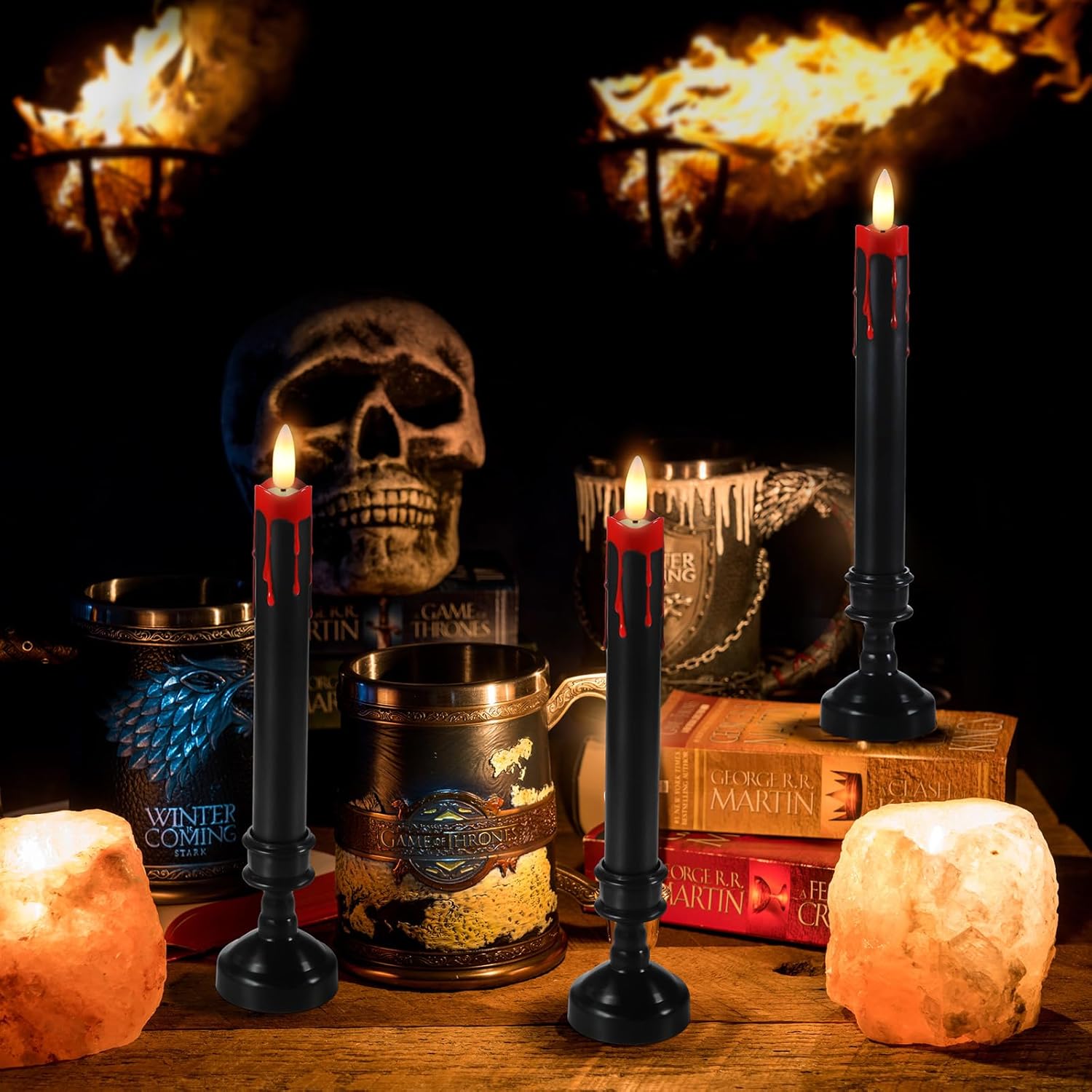 Sratte 12 juegos de velas LED sin llama con control remoto y portavelas, funciona con pilas, velas de lágrimas de vampiro, decoración espeluznante y