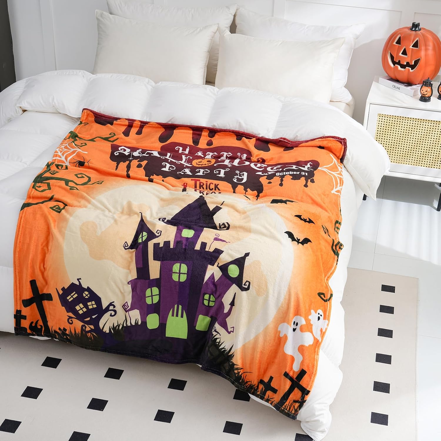 NeoHundreds Mantas de Halloween para cama, decoración interior del hogar, manta de vellón de terciopelo suave y acogedora, franela de microfibra,