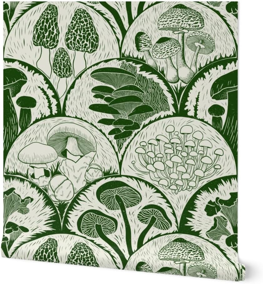 Spoonflower Papel tapiz autoadhesivo de 9 x 2 pies, diseño de hongos verdes, vieiras, bosque, hongos y hongos, estampado de bloques de hongos,