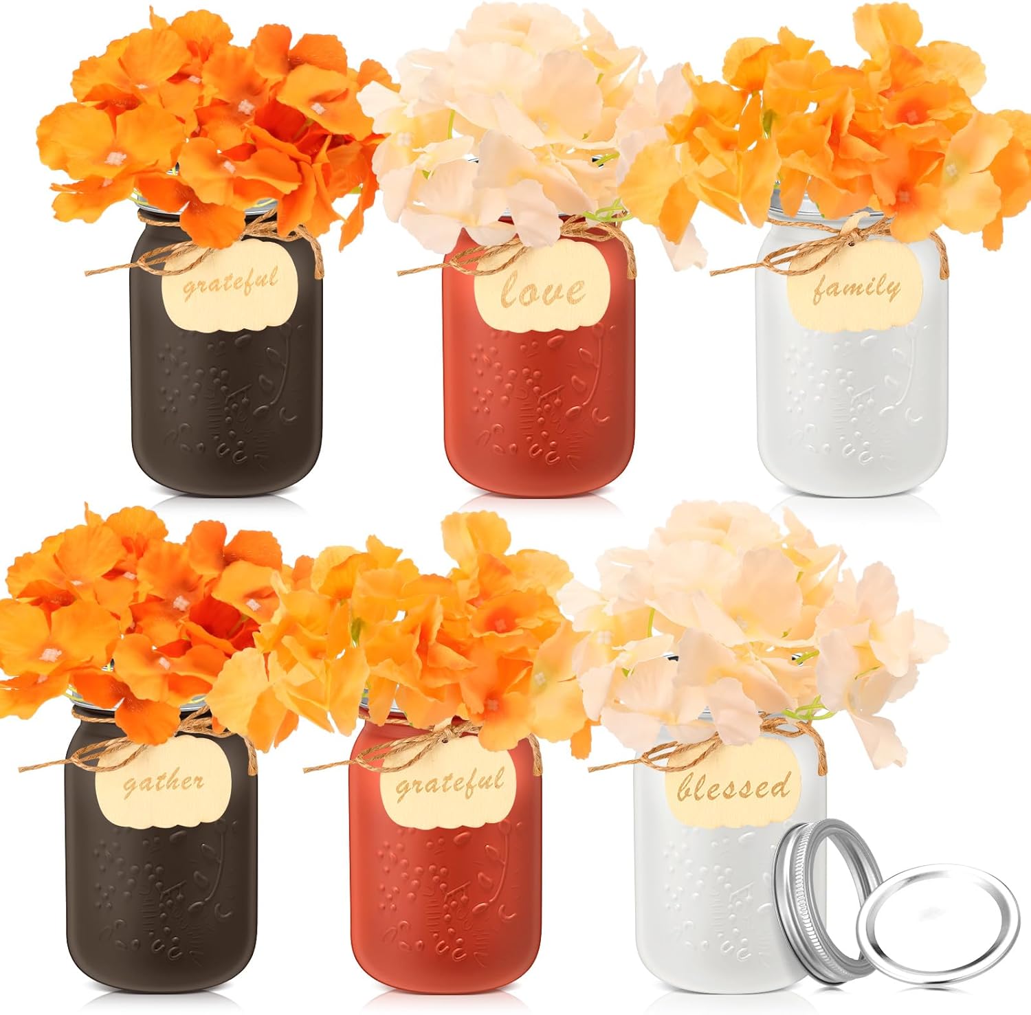 Hotop 6 juegos de tarros de decoración de otoño con flores de cosecha de casa de campo con flores de Acción de Gracias, centro de mesa, arreglo