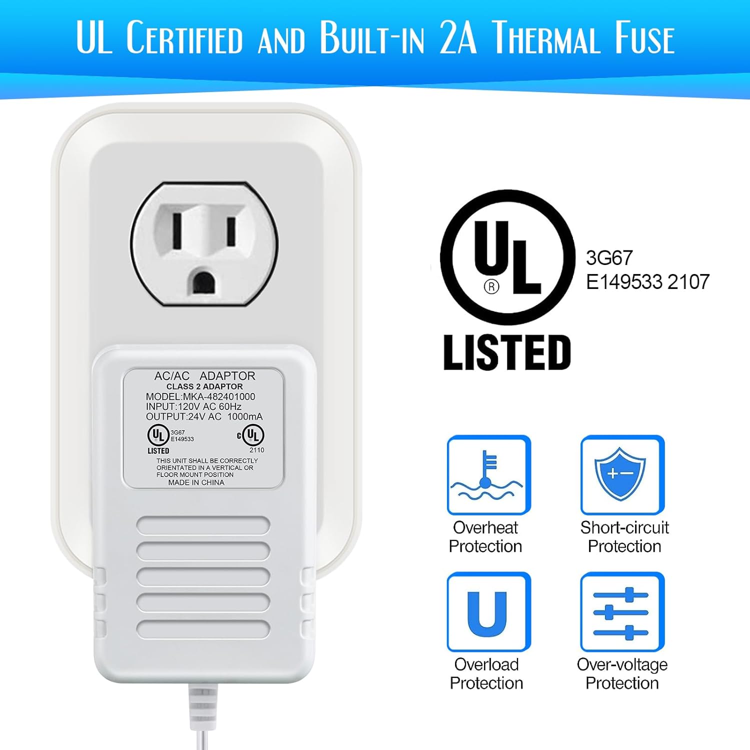 Saillong Transformador de 1000 mA de 24 voltios, adaptador de cable C de 16.5 pies de largo compatible con todas las versiones de timbre de timbre y