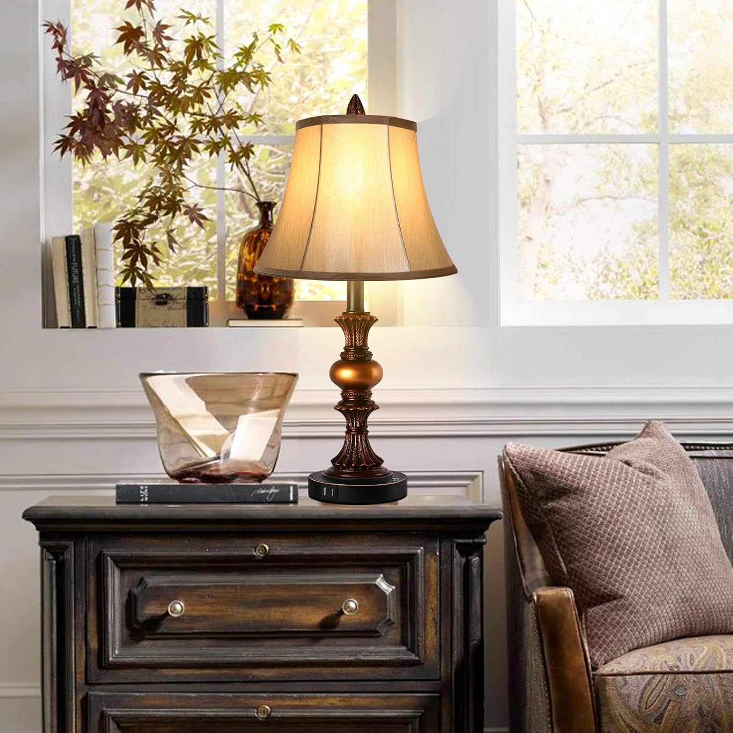 Juego de 2 lámparas de mesa tradicionales con control táctil lámparas de noche vintage con puertos de carga USB duales lámparas de escritorio con acabado de bronce regulable en 3 direcciones con forma de campana de seda sintética para sala de Colombia - Imagen 6