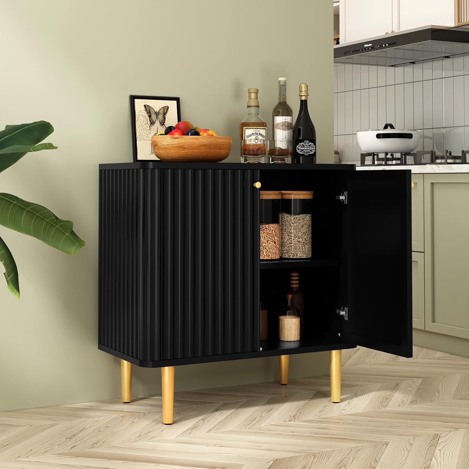 HLR Aparador de buffet con textura acanalada, gabinete de acento negro con puertas, armario de almacenamiento moderno de credenza para cocina, sala