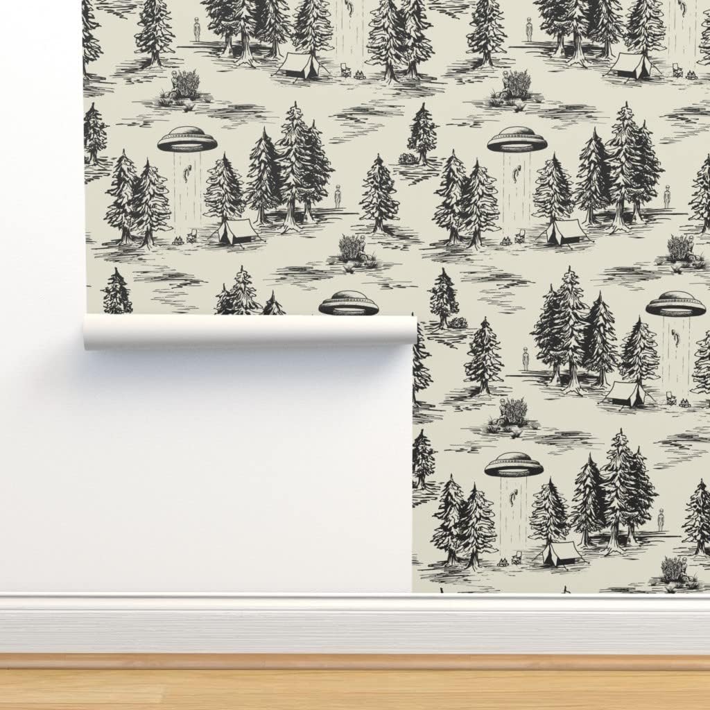 Spoonflower Papel tapiz autoadhesivo de 9 x 2 pies – UFO grande negro Toile De Jouy Alien Abduction Space Camping Papel pintado extraíble