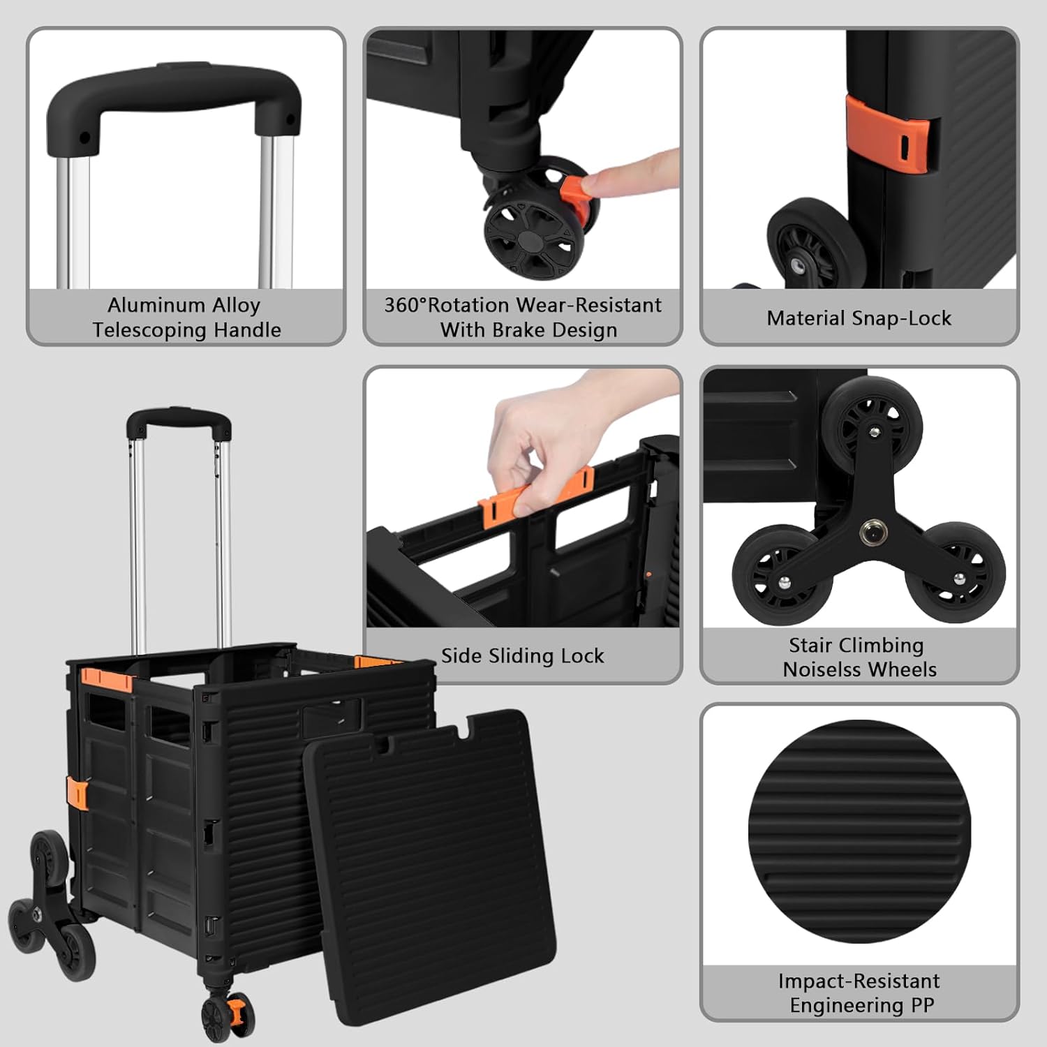FELICON SELORSS – Carrito plegable portátil con ruedas para subir escaleras y ruedas giratorias de 360, mango telescópico, caja de plástico para