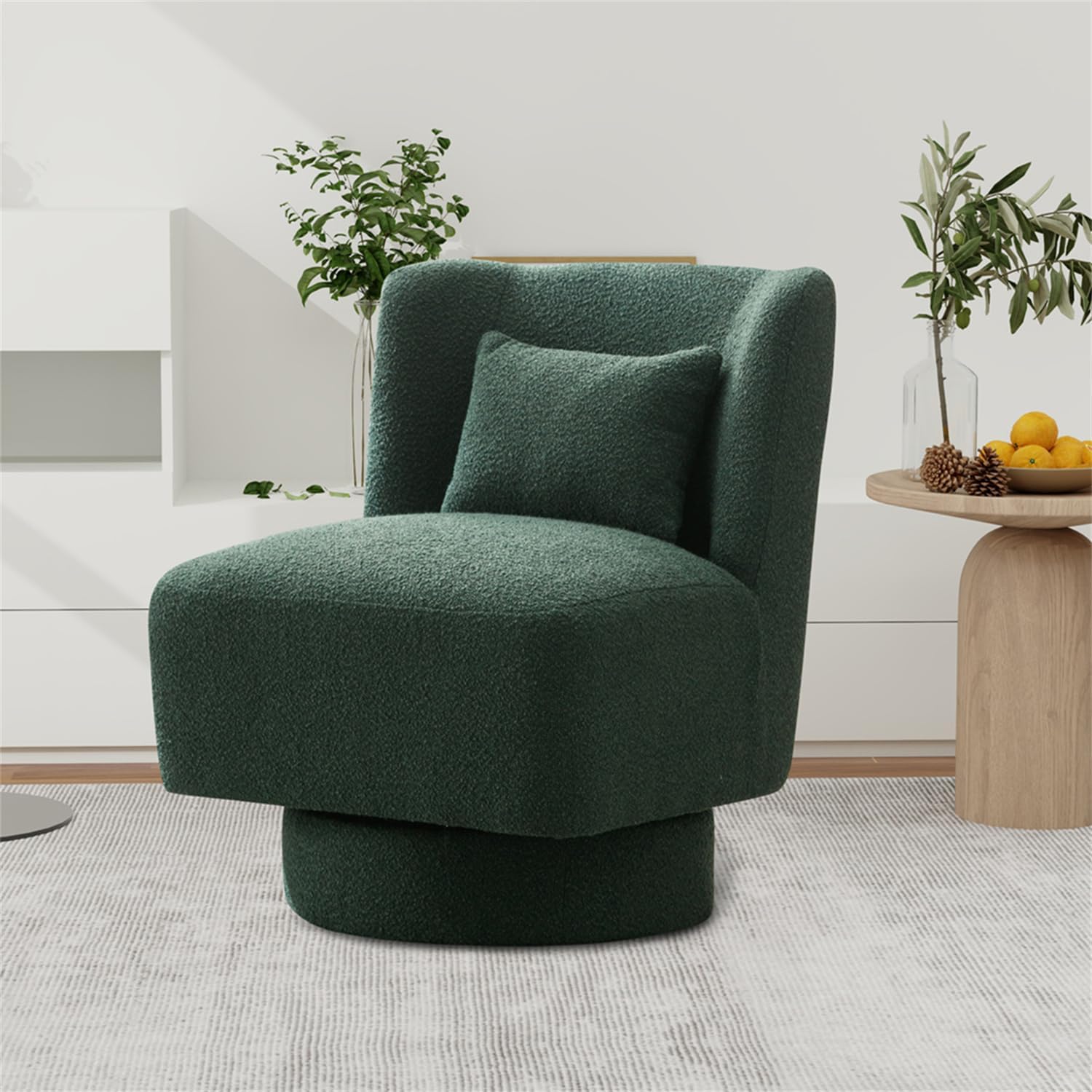 LLS Sofá giratorio con almohada lumbar, base de metal de 360, tapizado moderno, barril, sherpa, sofá individual cómodo sin brazos para sala de