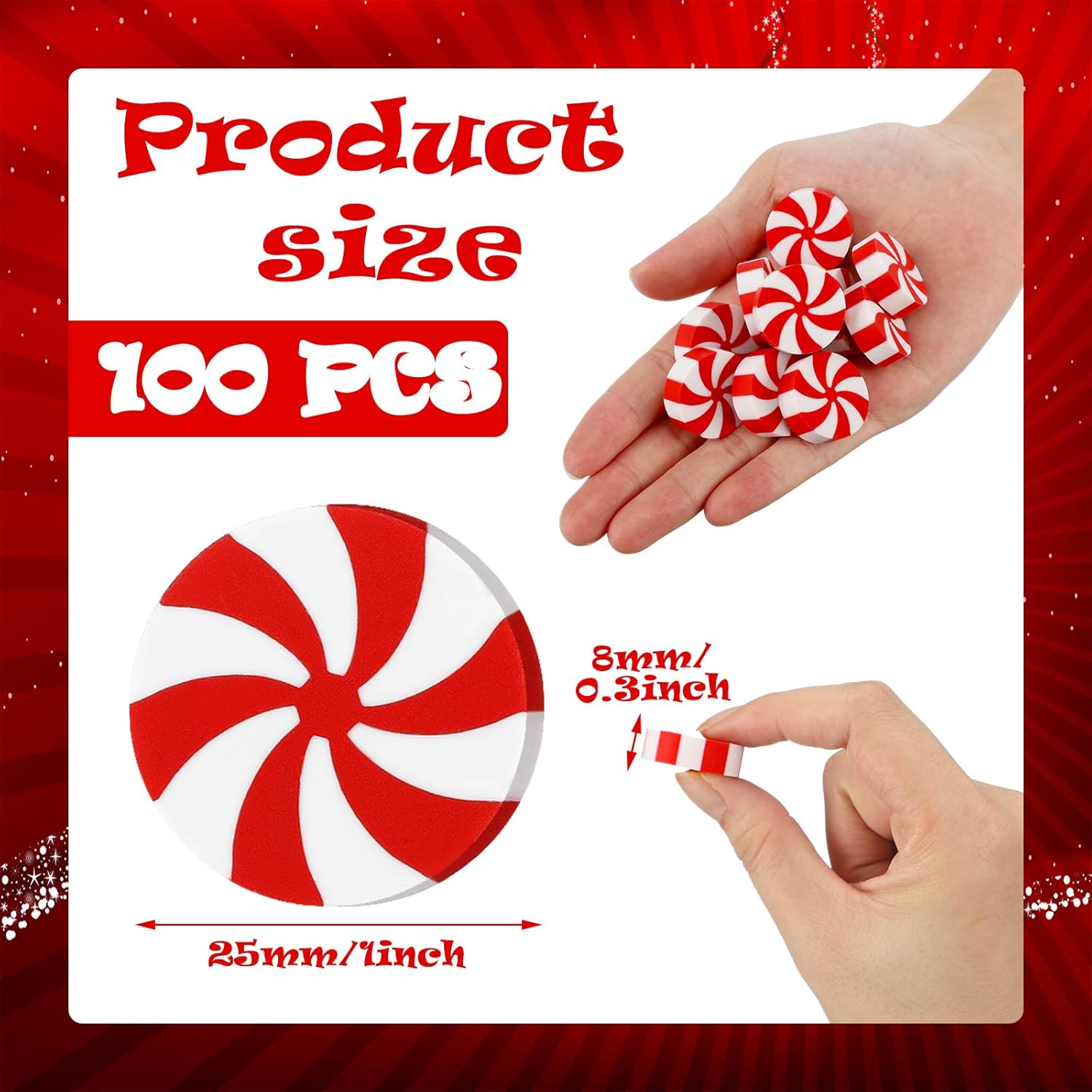 100 gomas de borrar de caramelo de Navidad grandes para niños de la escuela, borradores en forma de caramelo blanco y rojo, a granel para premios de