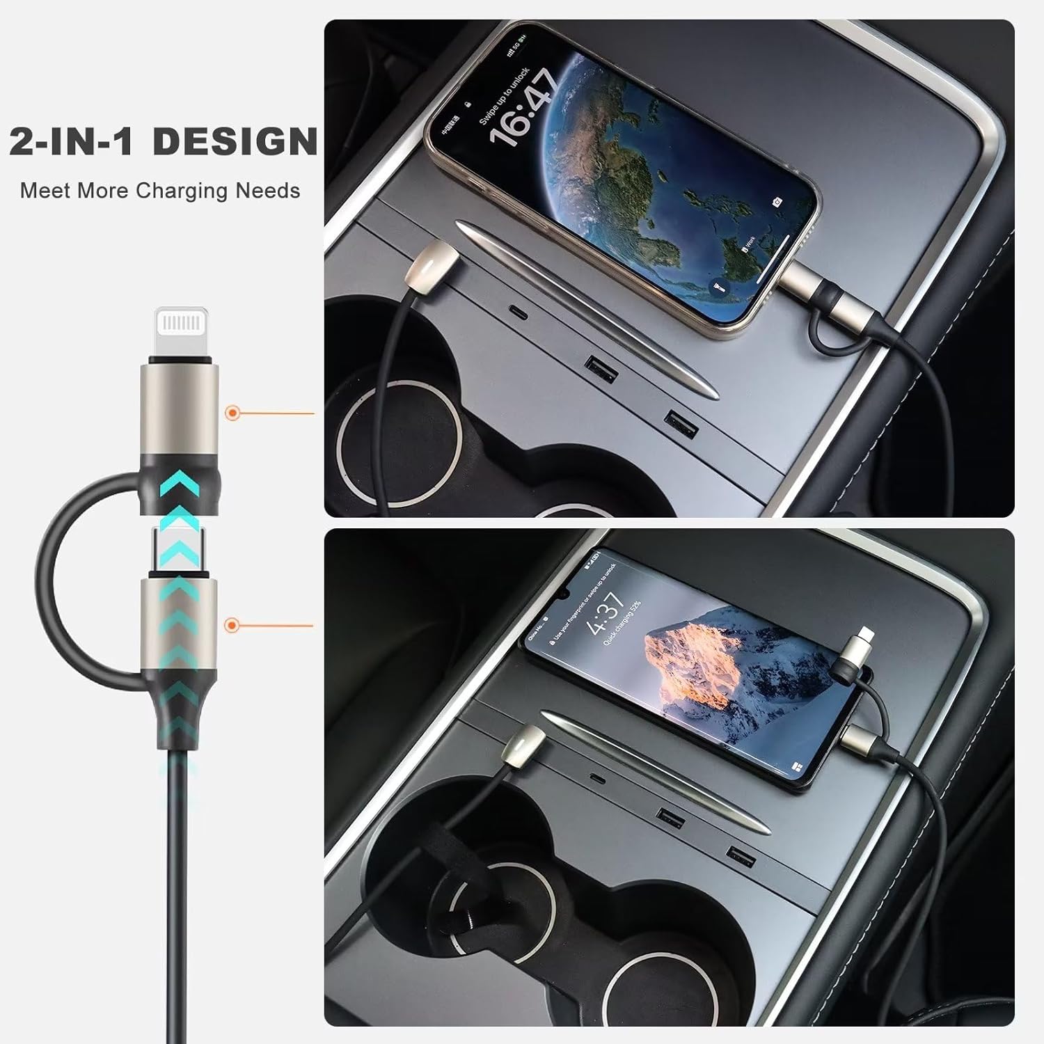 Hub USB Tesla para consola central modelo Y Modelo 3 2021-2023 + cable de carga 2 en 1, compatible con carga rápida USB-C, accesorios Tesla Model 3Y
