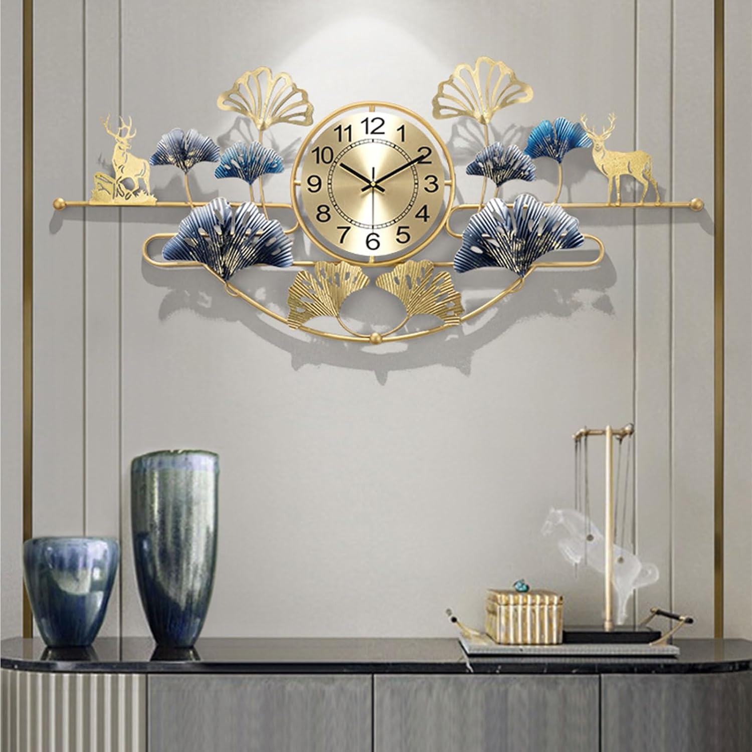 Reloj de pared grande silencioso con diseño de hoja de ginkgo de metal creativo, funciona con pilas, para decoración de sala de estar, dorado, 40