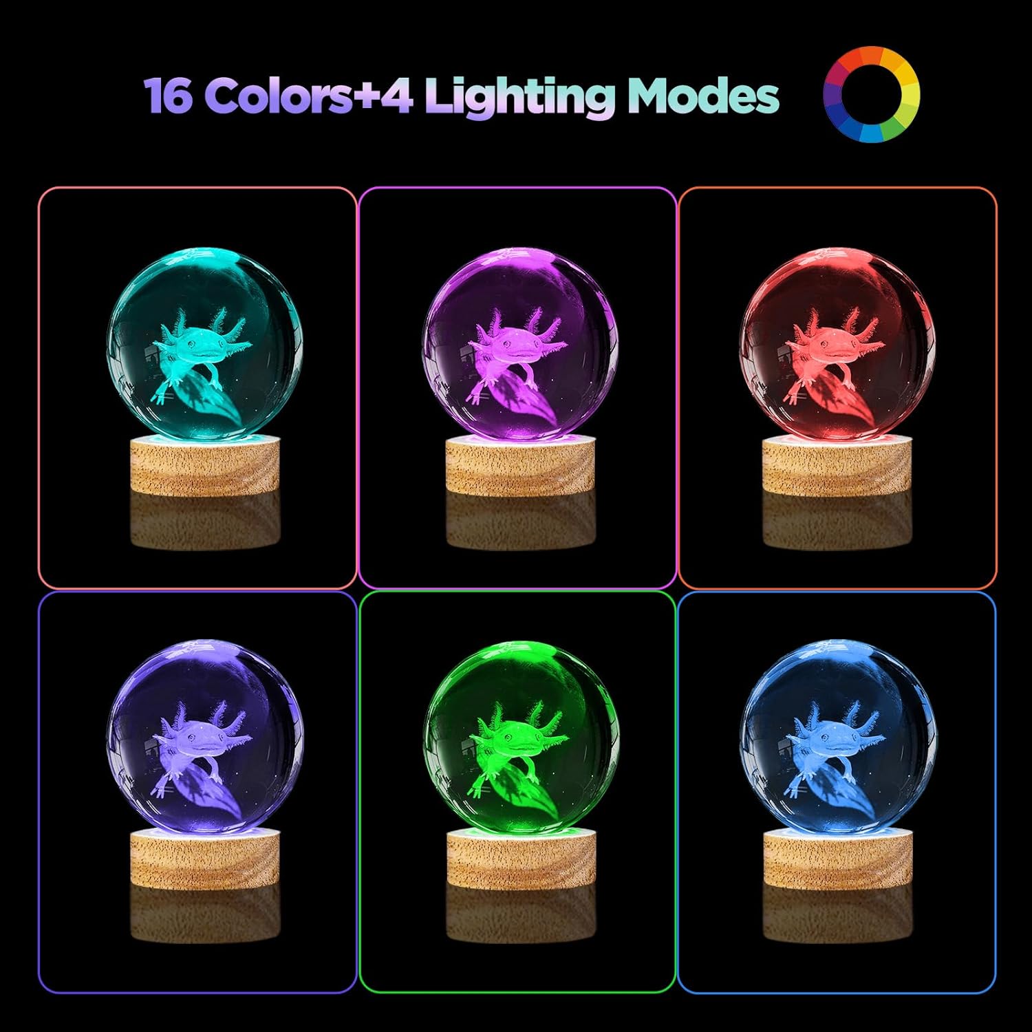 Luz nocturna de bola de cristal de ajolote 3D con control remoto, lámparas de bola de vidrio de ajolote de 3.15 pulgadas con base de madera LED de