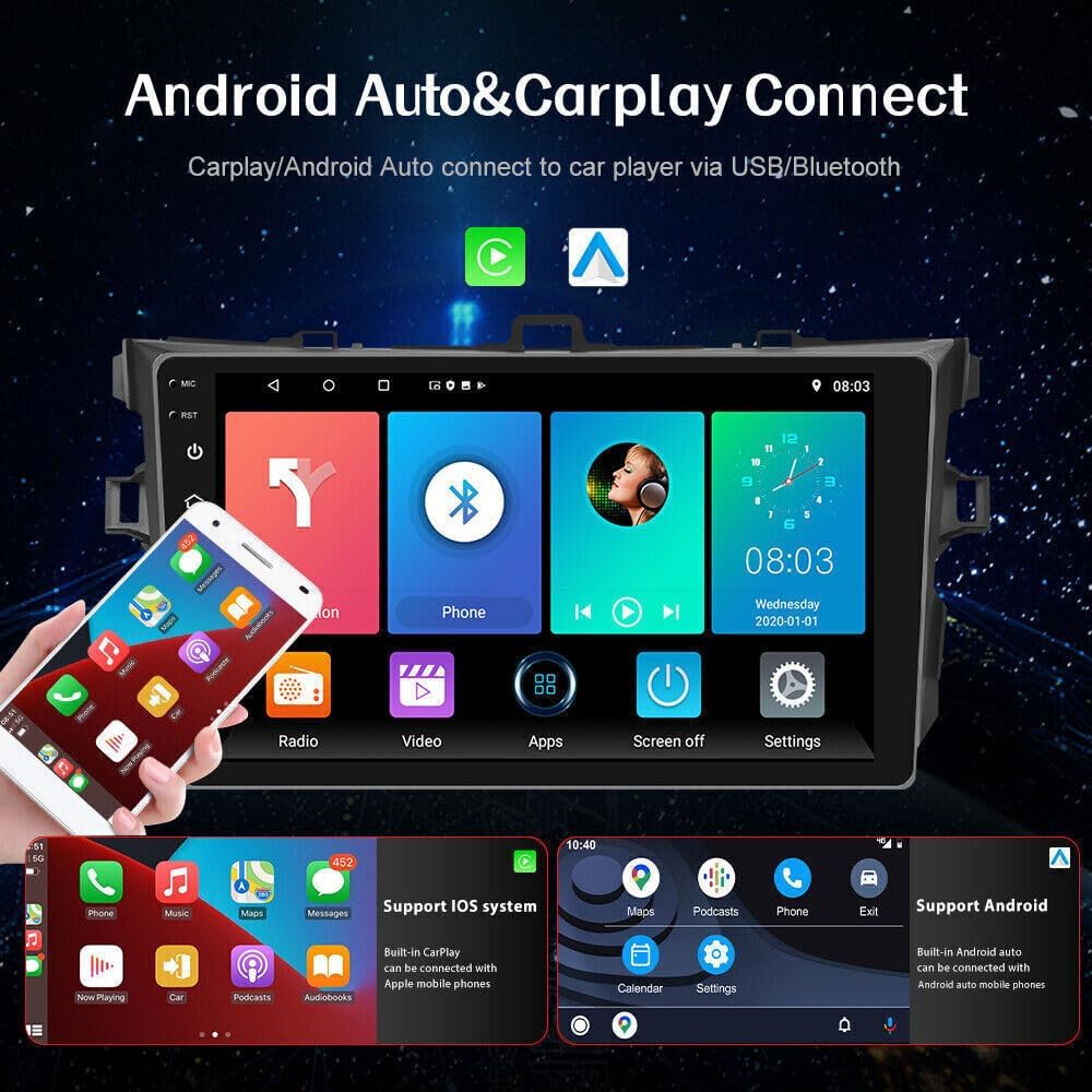 Android 13.0 Reproductor de radio estéreo para automóvil Toyot-a Corolla 2009-2013 2 GB (RAM)+32 GB (ROM) Pantalla táctil de 9 pulgadas Receptor de