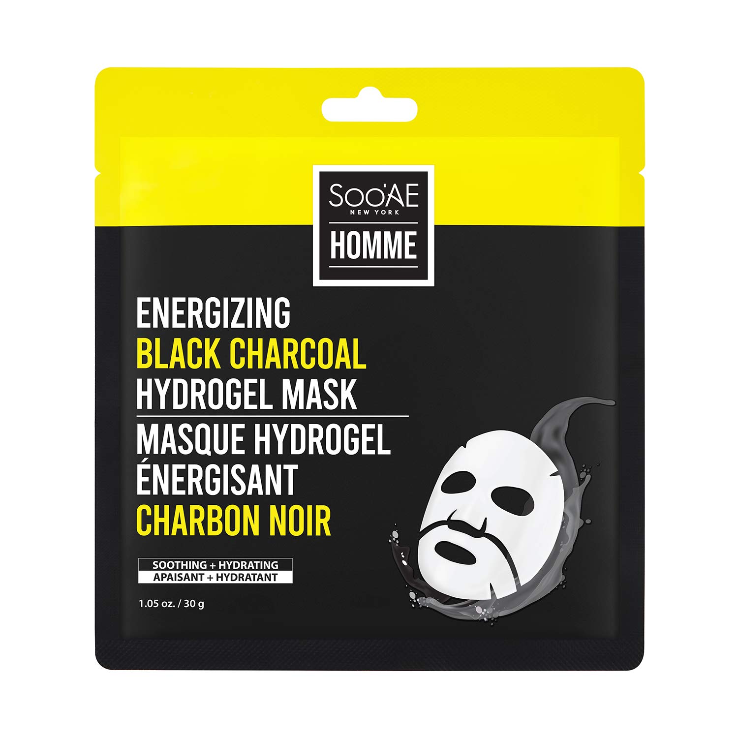 Soo’AE Homme – Máscara de hidrogel de carbón negro energizante 8 unidades Máscara facial para hombres con infusión de carbón y limón  Calmante e