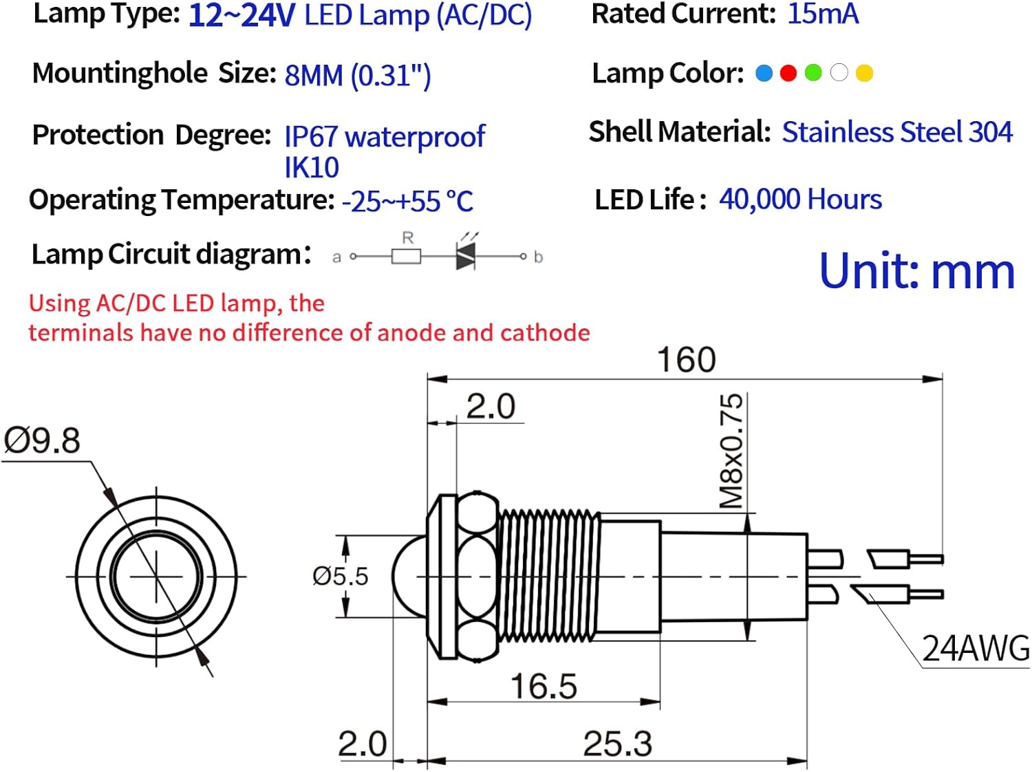 2 mini luces indicadoras de 0.315 in 0.31 pulgadas, 12 V-24 V, LED rojo, impermeable, IP67, cúpula, cabeza alta, lámpara de señal de acero
