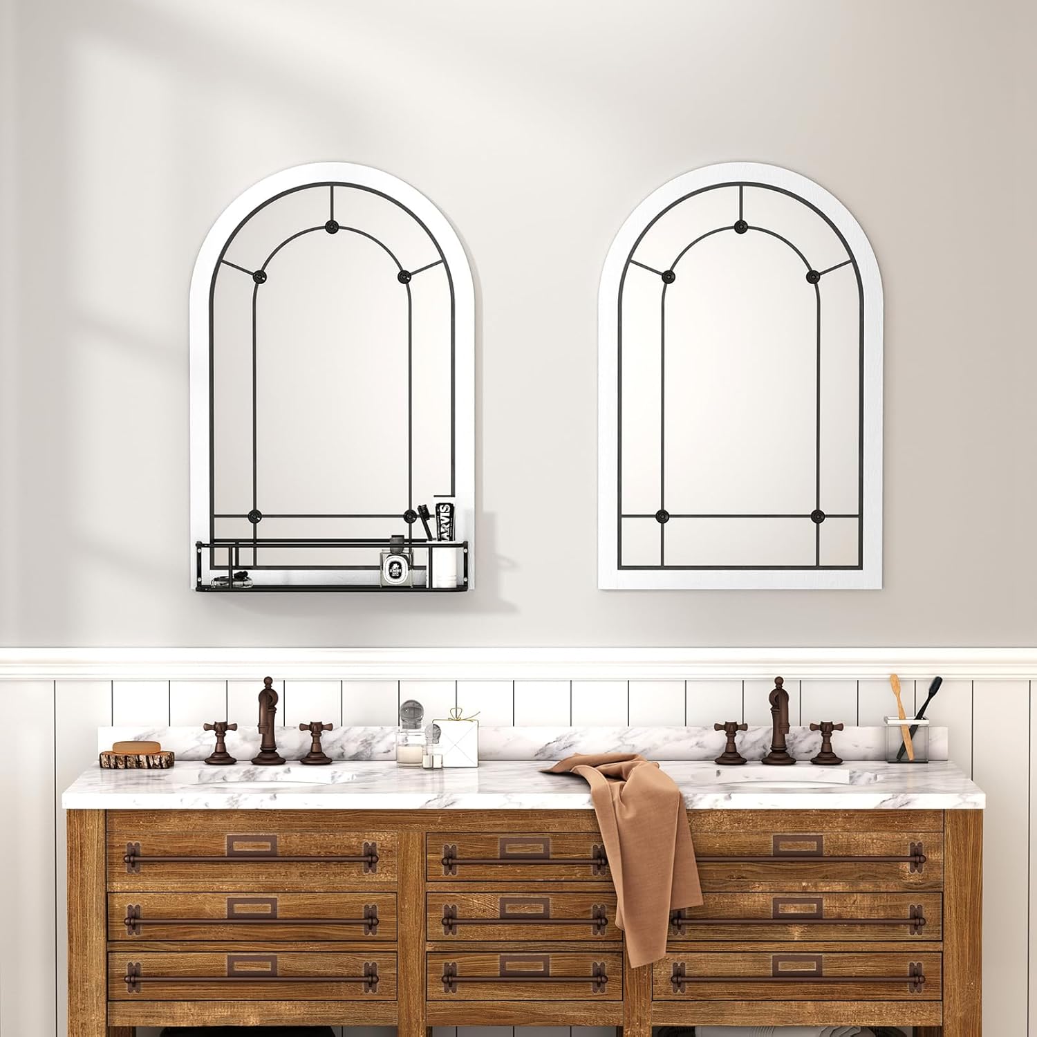 AZODY Espejo de pared de ventana arqueada con estante, espejo de entrada colgante blanco de 36 x 24 pulgadas, espejos decorativos para decoración de