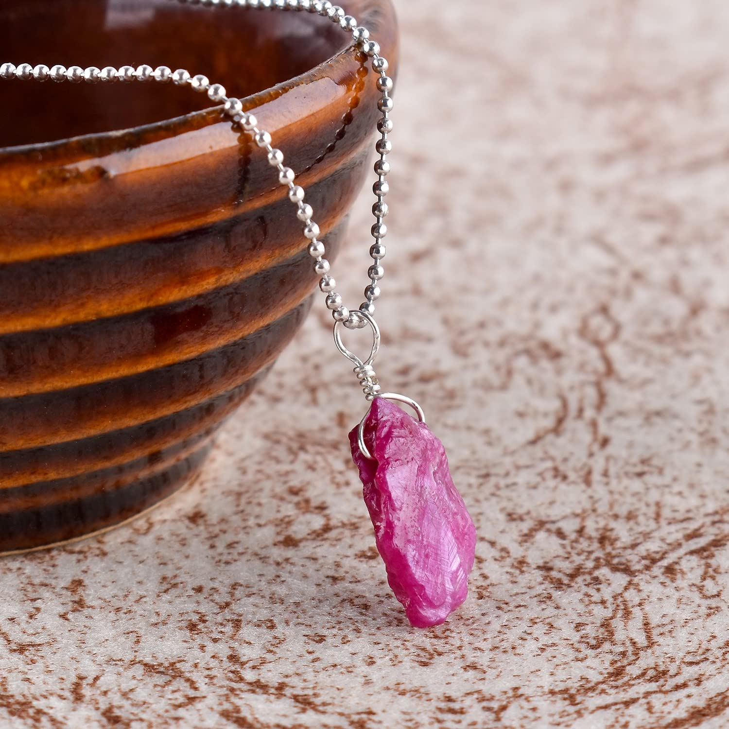ZEMBIENCE Natural Raw Pink Ruby Gemstone Pendant Necklace, Rough Stones, Chakra Healing Crystals, Silver Plated, July Birthstone, Handmade, Wedding,