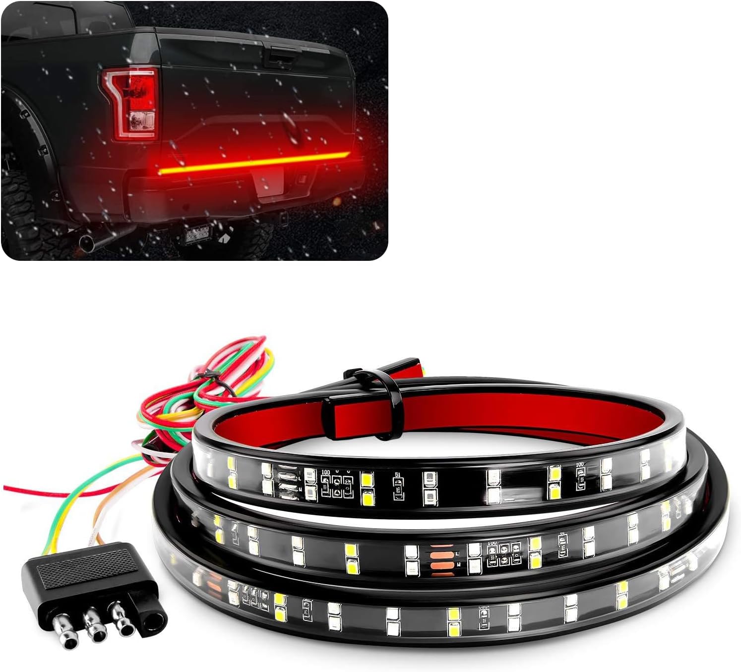 1 barra de luz de doble fila para puerta trasera de automóvil, 59 pulgadas, blanco + rojo, luz de freno de señal de giro flexible impermeable DRL,