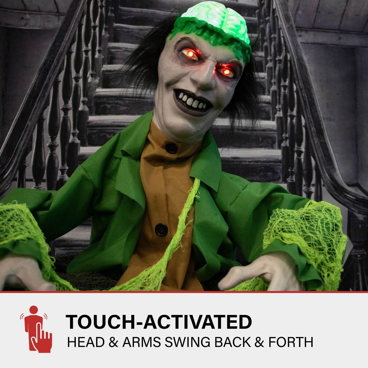 Haunted Hill Farm Zombi animatronic Thrashing en un barril con cerebro y ojos iluminados para decoración de Halloween con pilas para interiores o