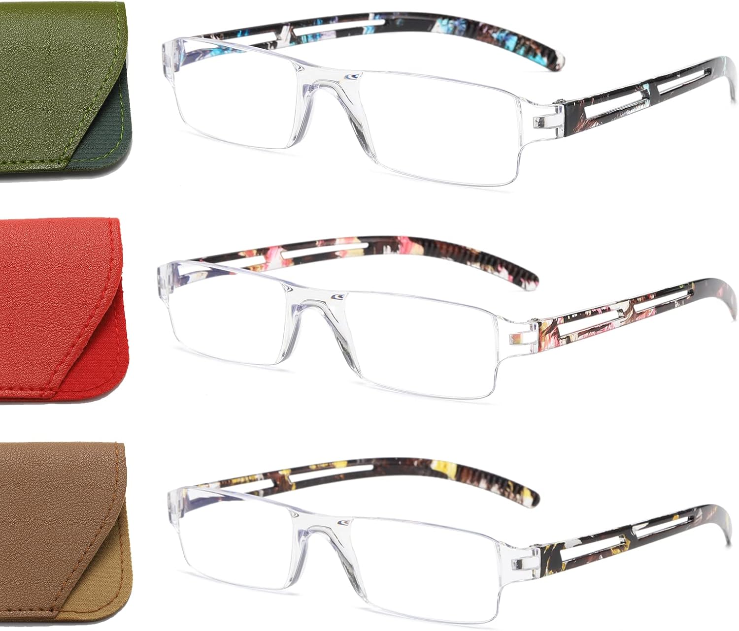 Hubeye 3 pares de anteojos de lectura sin marco, ultraligeros antiluz azul, lectores de computadora para mujeres y hombres con funda para anteojos,