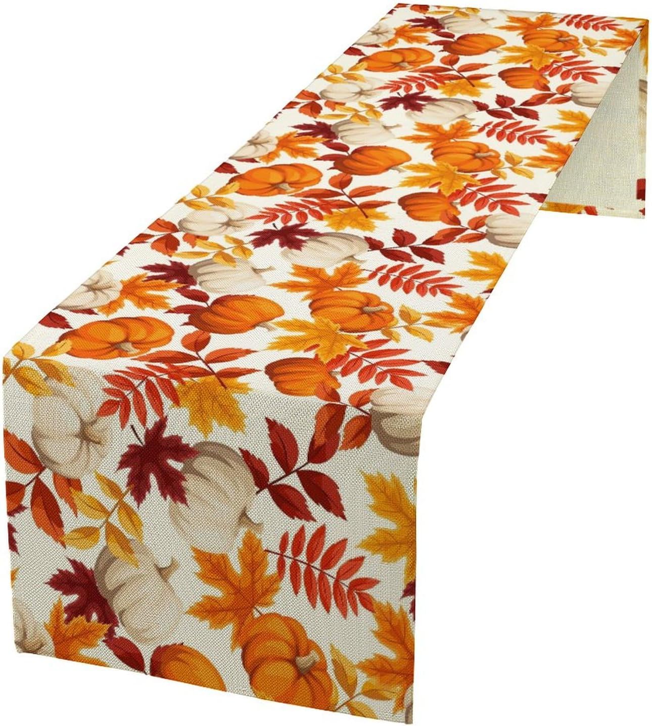 Camino de mesa de otoño, Acción de Gracias, naranja marrón y amarillo, hojas de otoño blancas, estampado de calabazas blancas, camino de mesa para