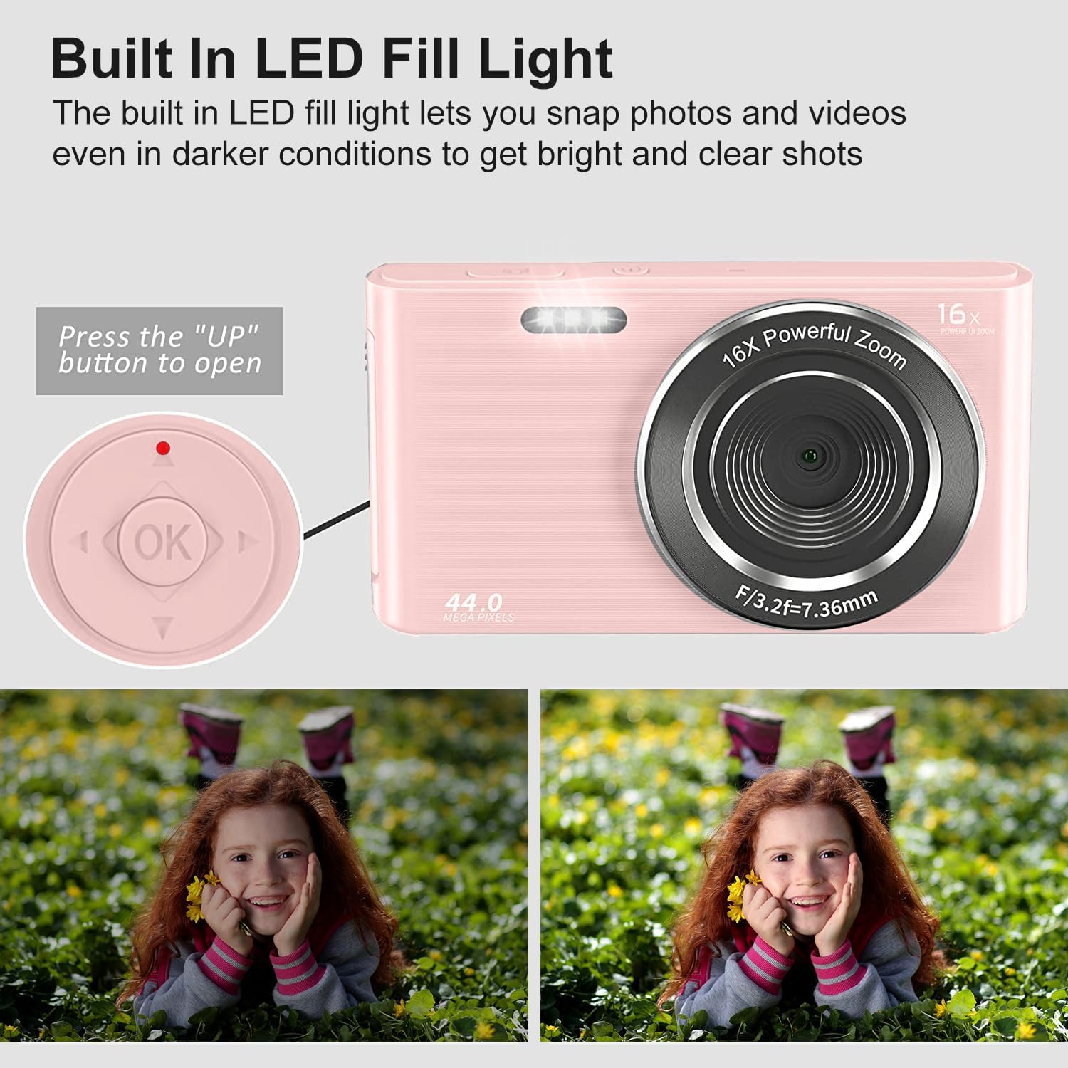 Acuvar Cámara digital compacta de apuntar y disparar de 44 MP, zoom digital de 16X, pantalla de 2.4 pulgadas y tarjeta SD de 32 GB, lector de