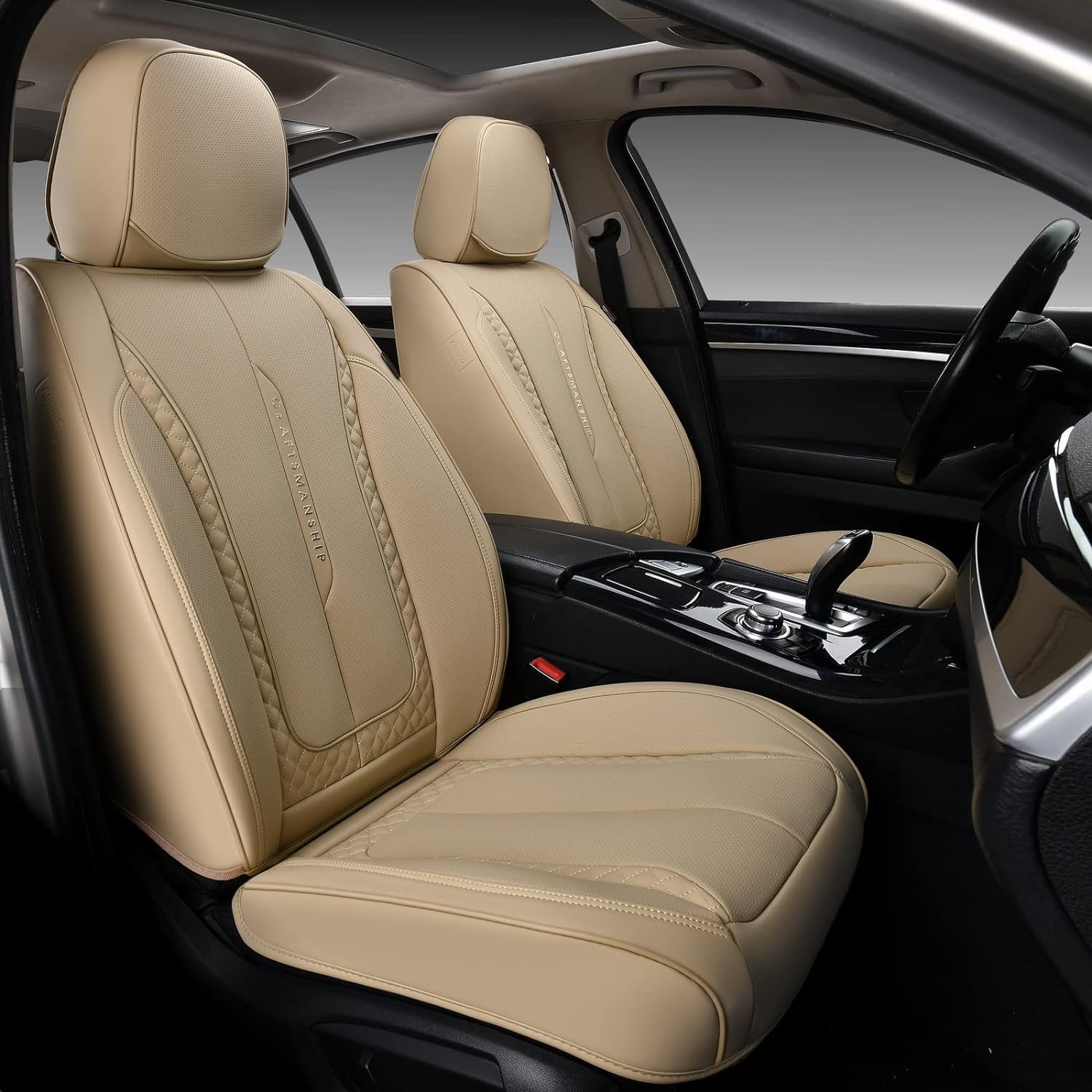 Coverado Juego completo de fundas de asiento de automóvil, fundas de asiento de automóvil, fundas de asiento delantero beige para asientos