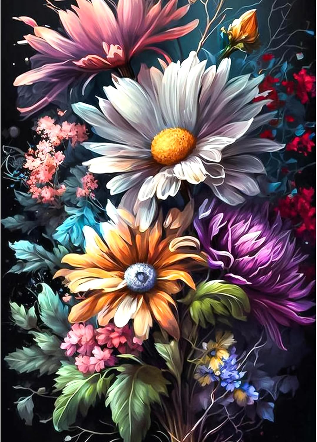 RICUVED Pintura artística de diamantes de flores, kits de pintura de diamantes coloridos para adultos, arte de gemas de diamantes 5D, taladro