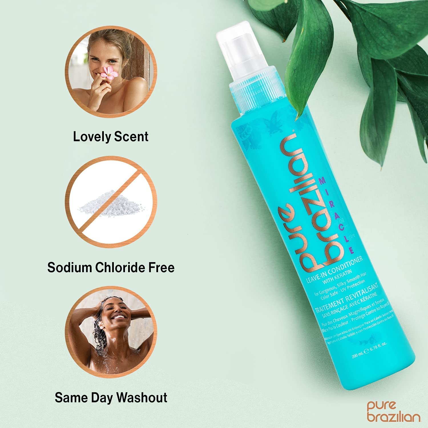 Pure Brazilian Acondicionador sin enjuague, tratamiento nutritivo para el cabello sin enjuague enriquecido con queratina para fortalecer y
