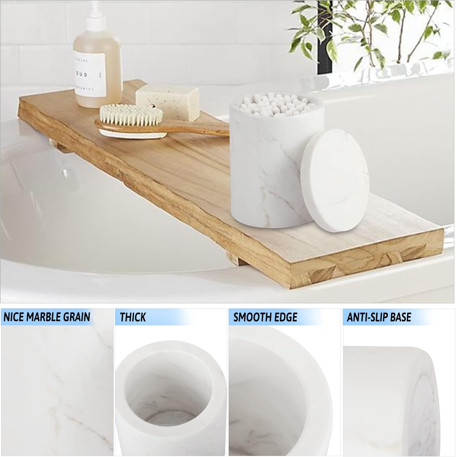 WORHE Contenedor de mármol con tapa, soporte natural para hisopos de algodón, bolas, almohadillas, púas de hilo dental, sales de baño, organizador