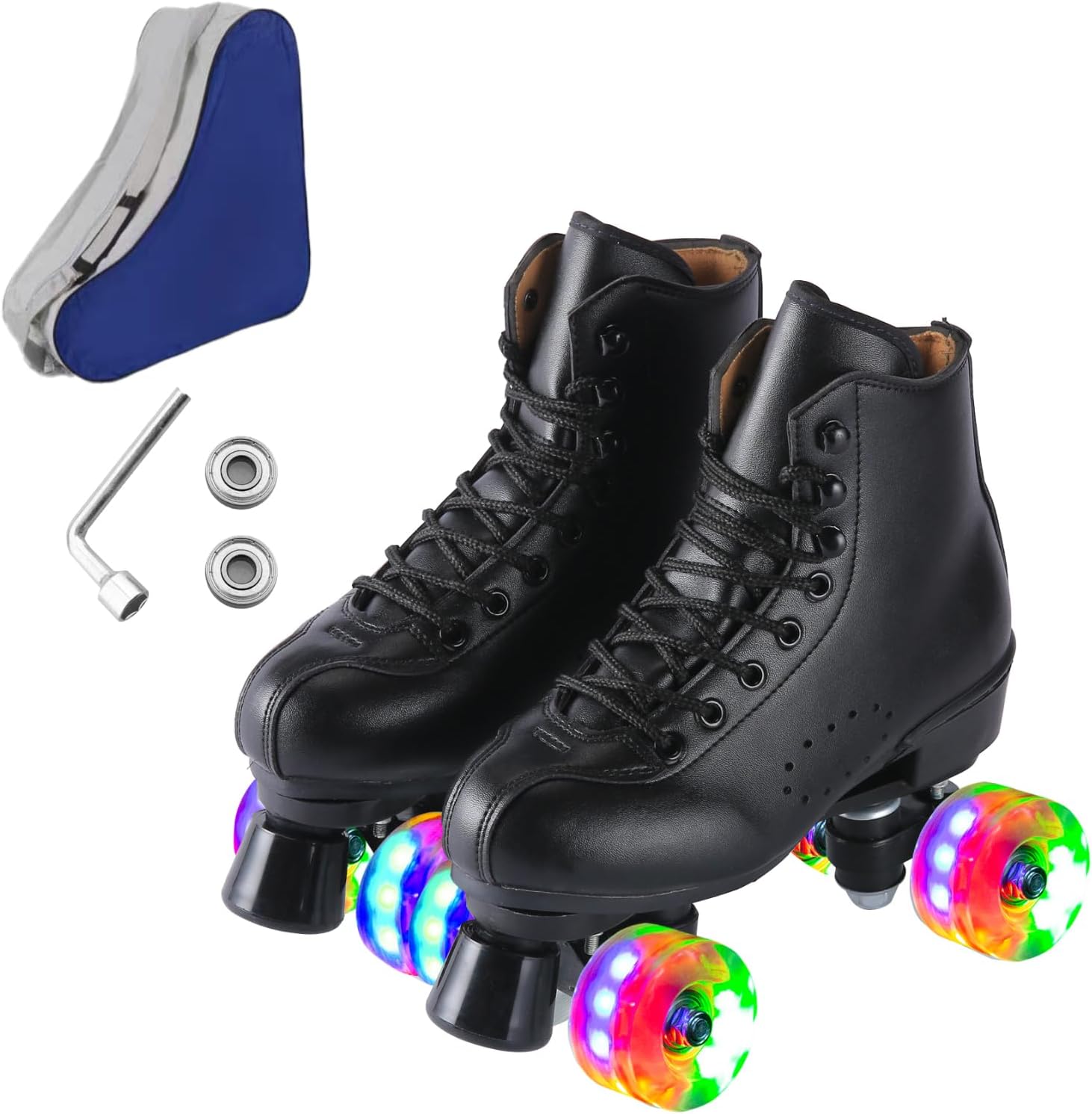 Patines para hombres y mujeres, patines Derby negros con 4 ruedas brillantes, patines clásicos de doble fila para interiores y exteriores
