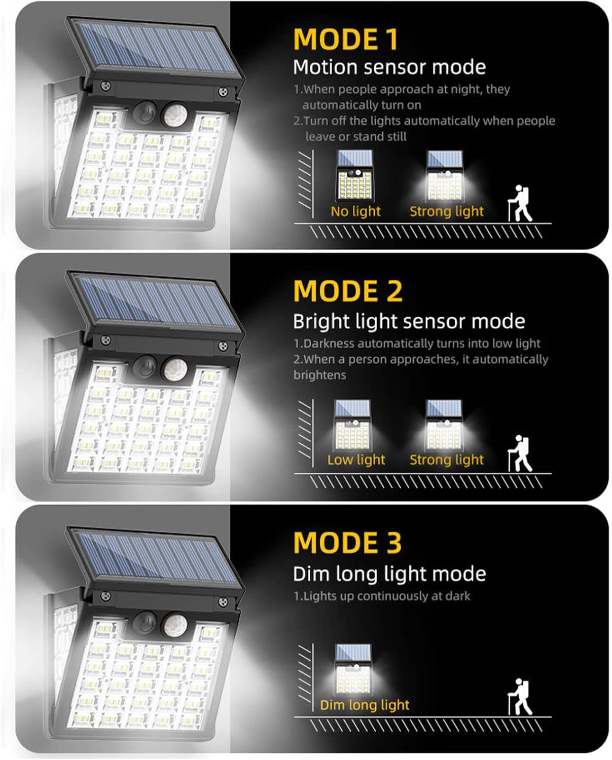 Luces solares impermeables IP65 para exteriores, 3 modos de luces solares con sensor de movimiento, luz solar LED para escaleras al aire libre,