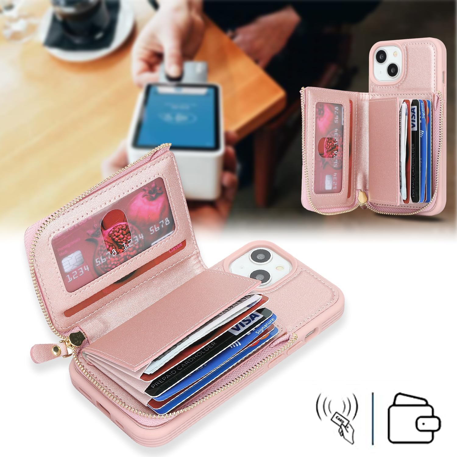 Funda para iPhone 14 Plus con tarjetero para iPhone 14 Plus, funda tipo cartera para mujer, funda con cremallera y cordón para bolsillo para
