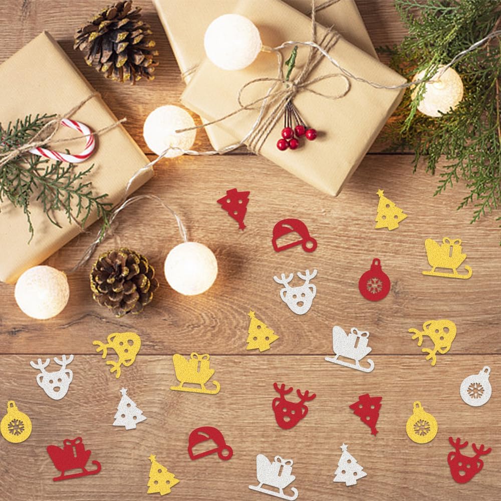 200 piezas de confeti de Navidad, azufaifo, rojo, plateado, dorado, trineo, alce, árbol de Navidad, sombrero de Papá Noel, decoración de confeti de