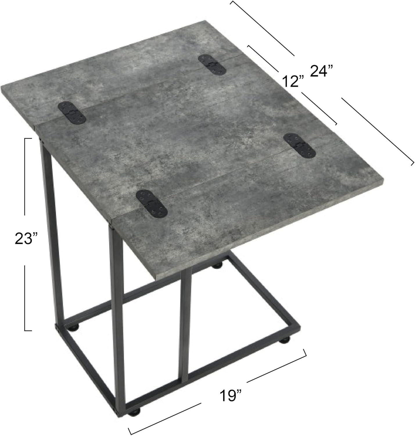 Household Essentials Jamestown – Mesa auxiliar extensible en forma de C para accesibilidad, hormigón de pizarra rústica y metal negro, 19 pulgadas