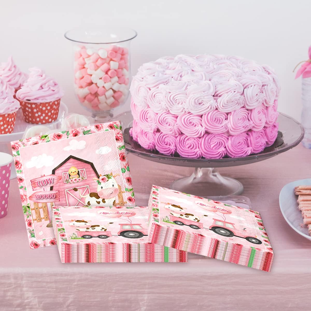 Servilletas de animales de granja, 40 unidades, decoraciones de fiesta de vaca rosa para niñas, diseño de animales de granja, servilletas de papel