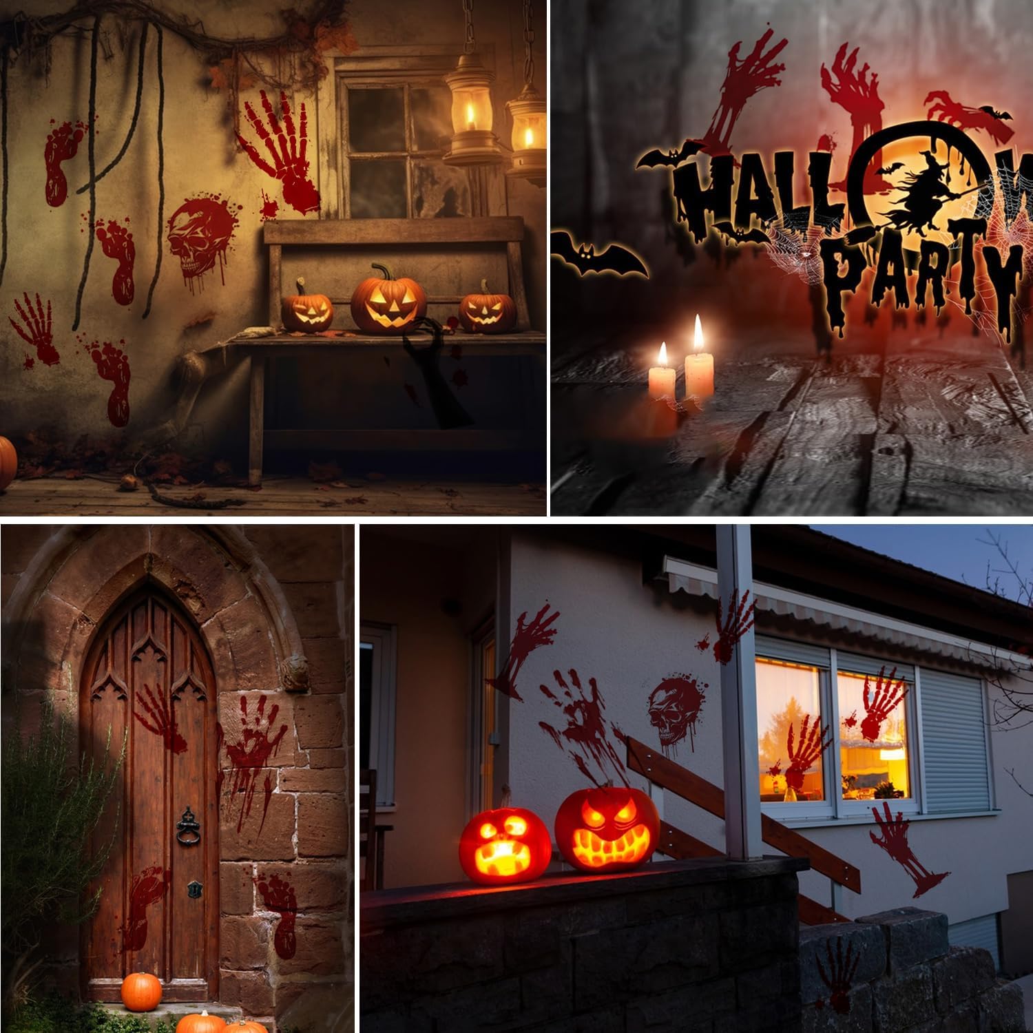 15 hojas de decoración de Halloween, 156 piezas de huellas de manos sangrientas de Halloween, calcomanías de ventana de esqueleto de terror,