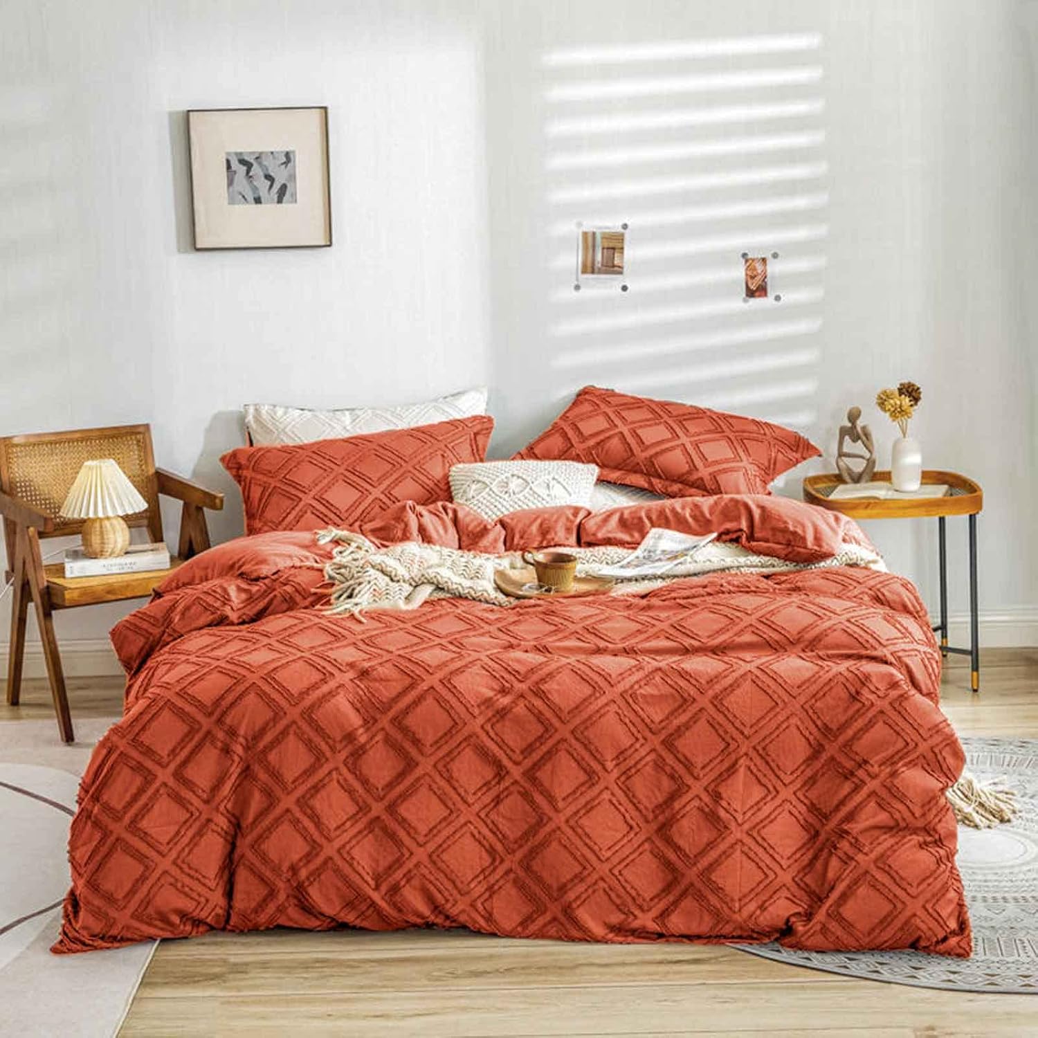 Nanko – Edredón tamaño King color naranja, bohemio, jacquard suave, desgastado y elegante, microfibra alternativa, todas las estaciones, edredón de