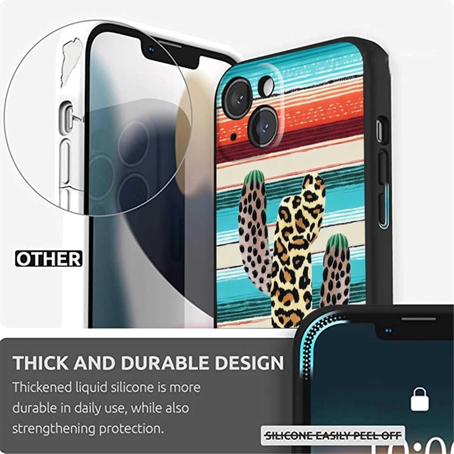 Funda compatible con iPhone 13 Western, funda de silicona suave de silicona suave, moderna, compatible con iPhone 13 Western, cactus y leopardo,