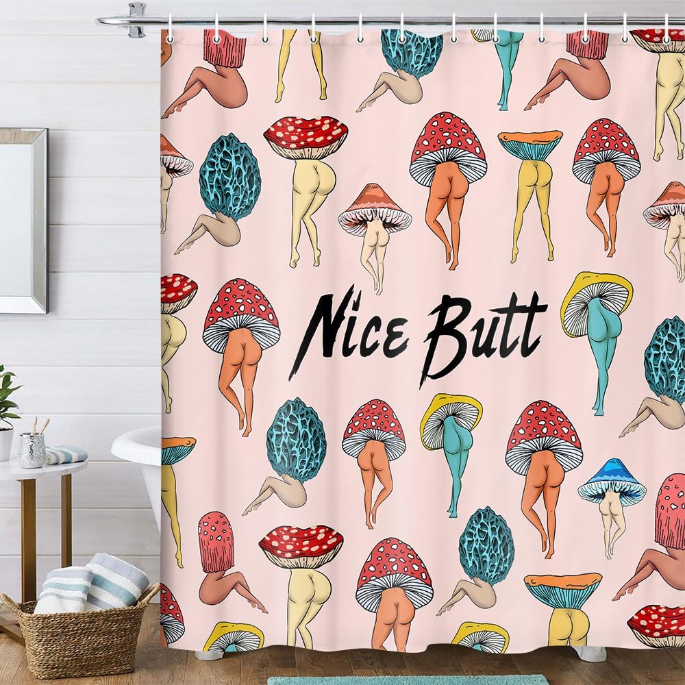 Divertida cortina de ducha con trasero de hongo, divertida y sexy, de los años 70 y 80, cortinas de ducha para baño, hippie, psicodélico, estético,