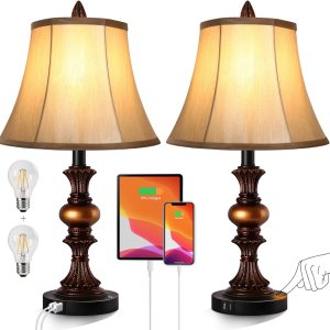 Juego de 2 lámparas de mesa tradicionales con control táctil lámparas de noche vintage con puertos de carga USB duales lámparas de escritorio con acabado de bronce regulable en 3 direcciones con forma de campana de seda sintética para sala de Colombia Juego de 2 lámparas de mesa tradicionales con control táctil lámparas de noche vintage con puertos de carga USB duales lámparas de escritorio con acabado de bronce regulable en 3 direcciones con forma de campana de seda sintética para sala de Colombia