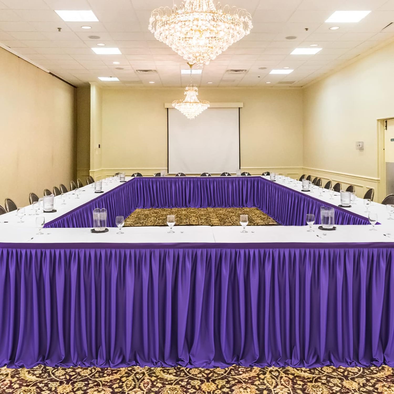 Partisky Falda de mesa de poliéster morado para mesas rectangulares de 17 pies, mantel plisado resistente a las arrugas para banquetes, bodas,