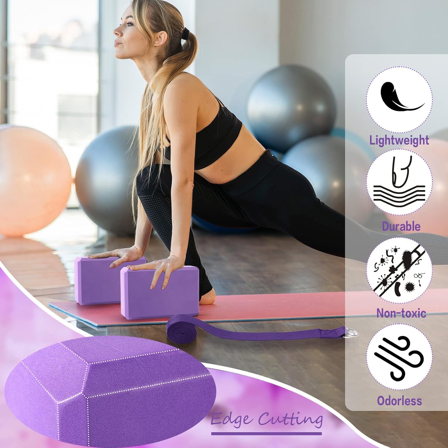 Outus Juego de 10 bloques de yoga y correa de yoga, 10 bloques de yoga antideslizantes con 10 anillos en D de metal, correa de yoga, estiramiento,