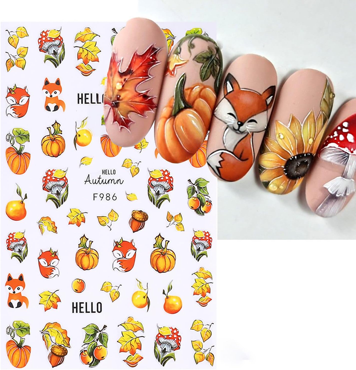 5 hojas de calcomanías de uñas de otoño, hojas de arce, ardilla, alce, grabadas en relieve, calcomanías de arte de uñas de Acción de Gracias,