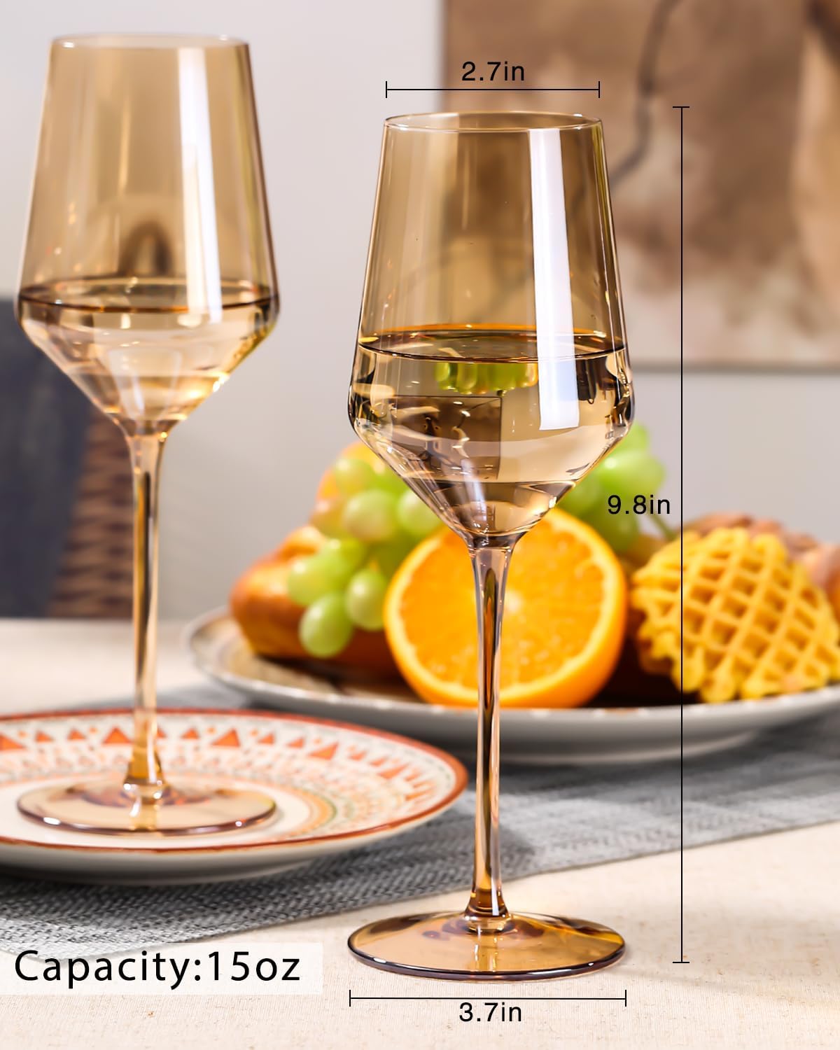Copas de vino ámbar  Juego de 6 copas de vino de colores de cristal con tallo largo y borde delgado, copas de vino blanco, copas de vino de color